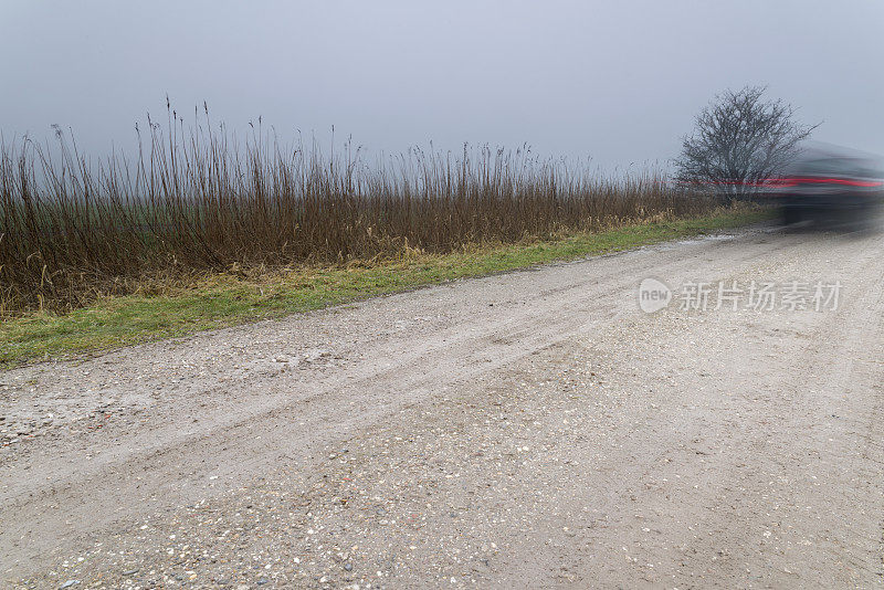 雾蒙蒙的牧场上的单车道。轻微的汽车痕迹。