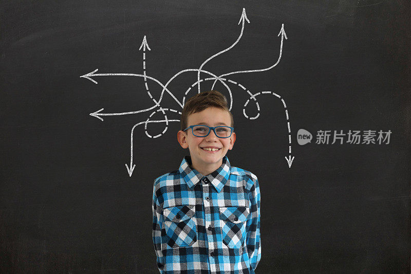 小男孩思考黑板上企业战略决策的点子
