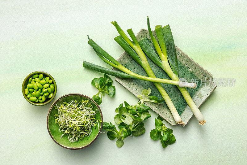 蔬菜:大葱，玉米沙拉，苜蓿和大豆静物