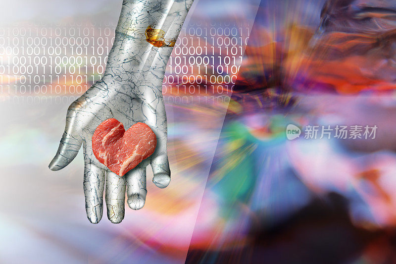 金属机器人手与人造心形牛肉。背景是单元图像和二进制编码。