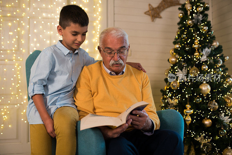 爷爷给孙子读一本书过圣诞夜