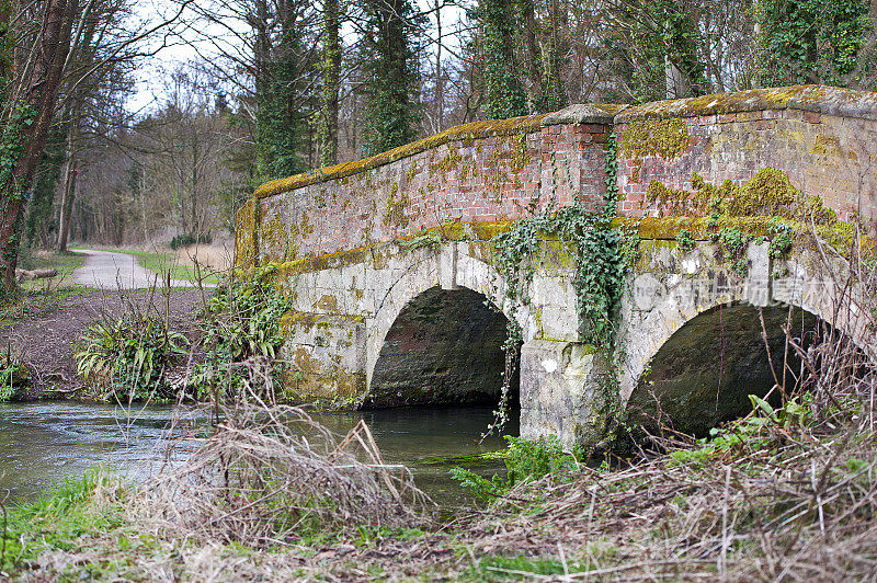 英国多塞特郡温伯恩威尚顿附近的克里切尔庄园，哈迪小径上的石桥，公共步道的景色。