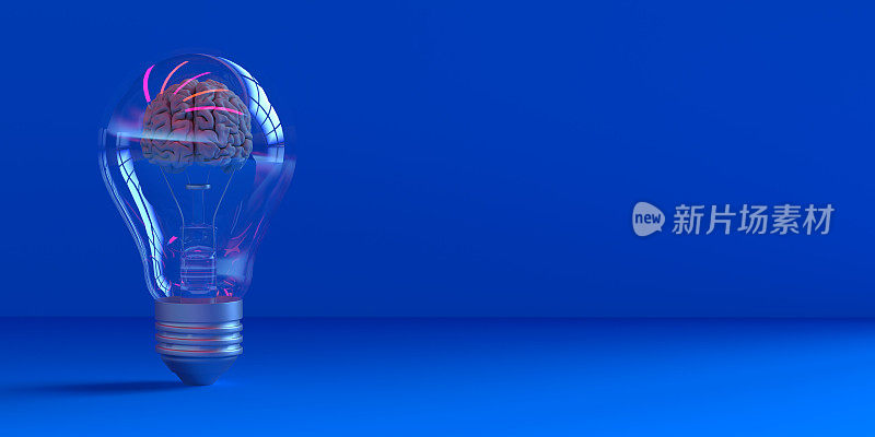 在蓝色背景的灯泡里发光的大脑，有发短信的空间