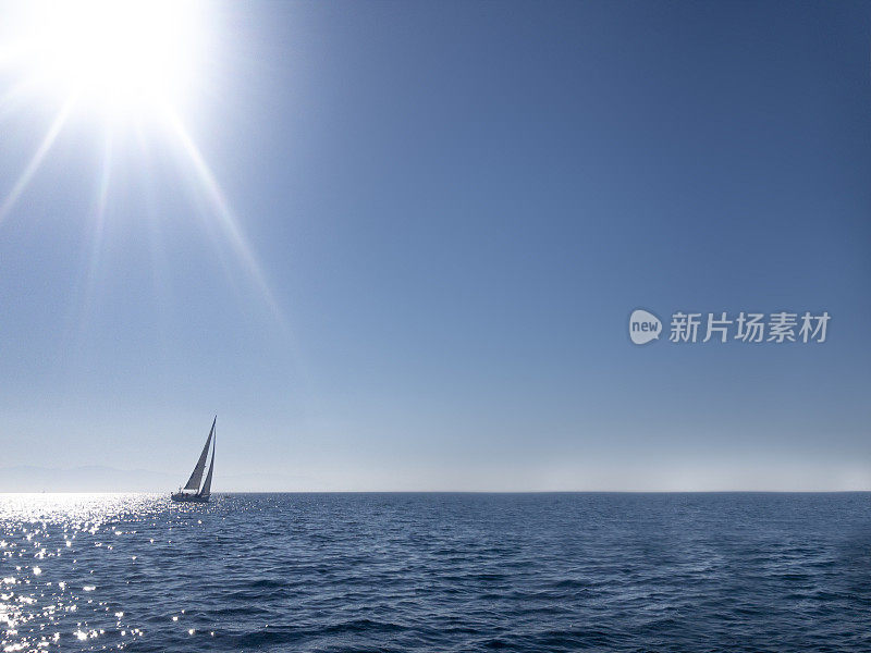 美丽的蓝色天空和大海背景与大空白空间添加文字和帆船