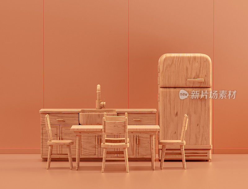木制厨房，配有冰箱和餐桌，单色厨房，3d渲染