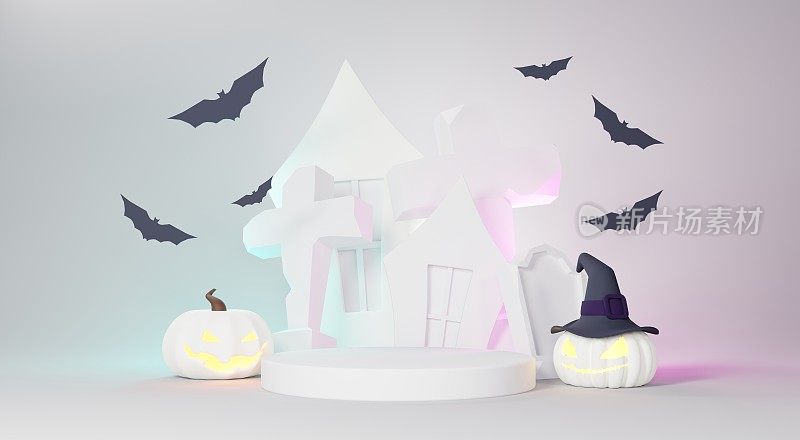 3d渲染，快乐万圣节的背景与平台的产品和夜景和可爱的幽灵般的设计。万圣节南瓜，骷髅，幽灵和蜘蛛装饰在深紫色的背景。