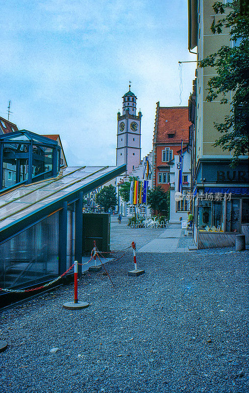 1989年德国拉文斯堡，旧正片扫描，马里恩广场视图，老塔Blaserturm和历史建筑