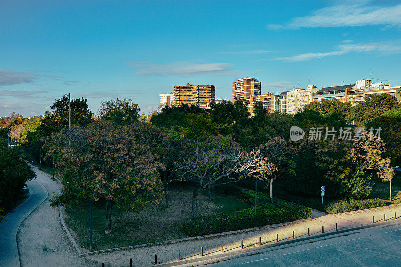 西班牙瓦伦西亚的一个城市景观，有大片的绿色公园