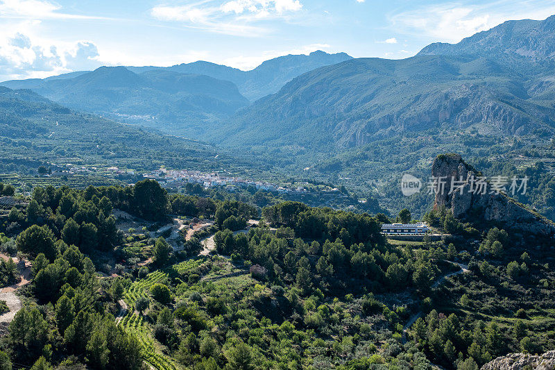 风景。多山的地形和阿利坎特省瓜达莱斯特山斜坡上的葡萄园。上角。