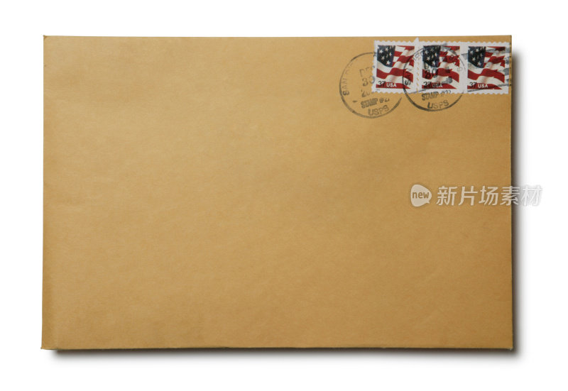 棕色牛皮纸信封，白底美国邮票已盖销