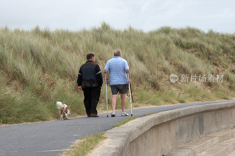 沙滩上遛狗的人拄着拐杖