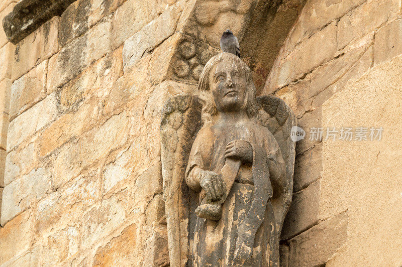 一个天使的雕像(与鸽子)靠近古老的普拉森西亚大教堂的入口，西班牙