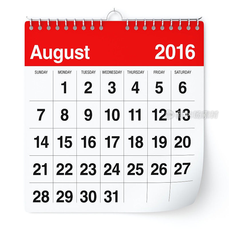 2016年8月-日历。