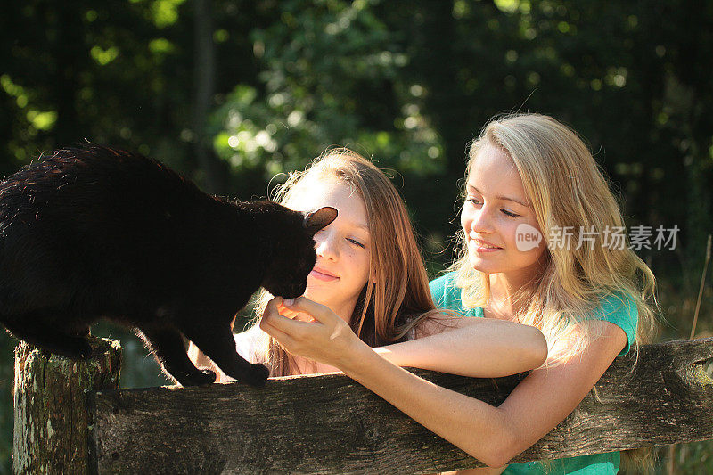 两个十几岁的女孩在抚弄一只猫