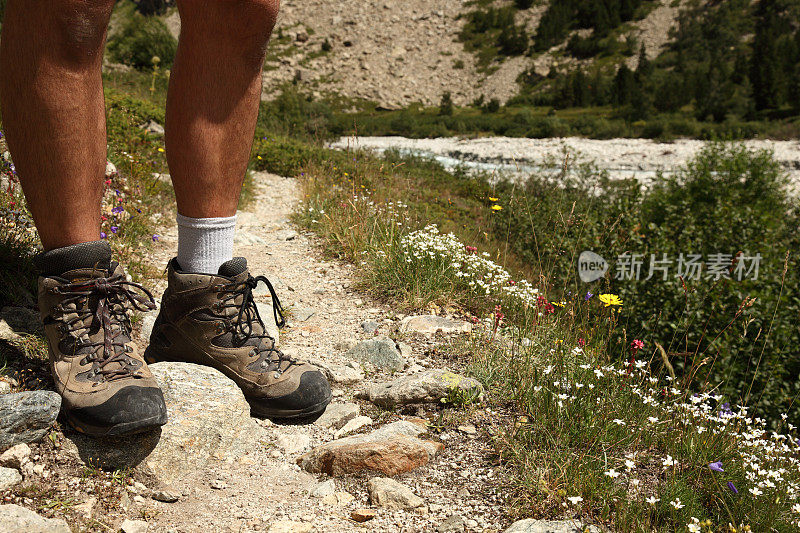 在阿尔卑斯山徒步旅行者的双腿
