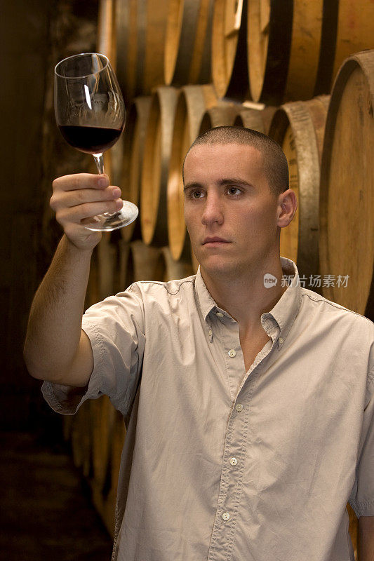 酿酒师在酒窖检查葡萄酒