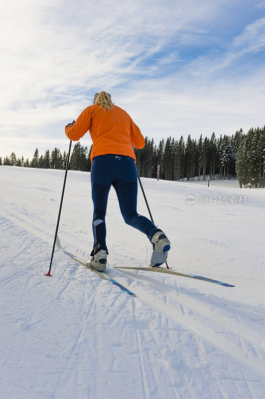 年轻的成年妇女在冬季越野滑雪景观