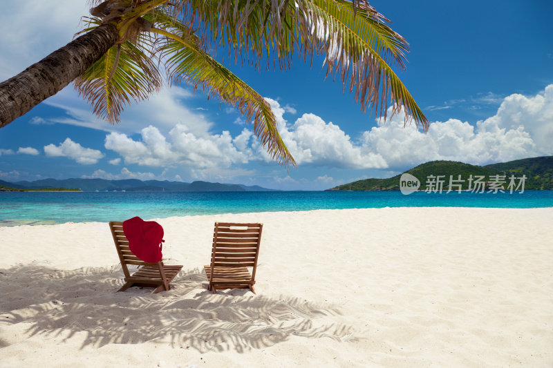 加勒比海滩棕榈树下的两把椅子