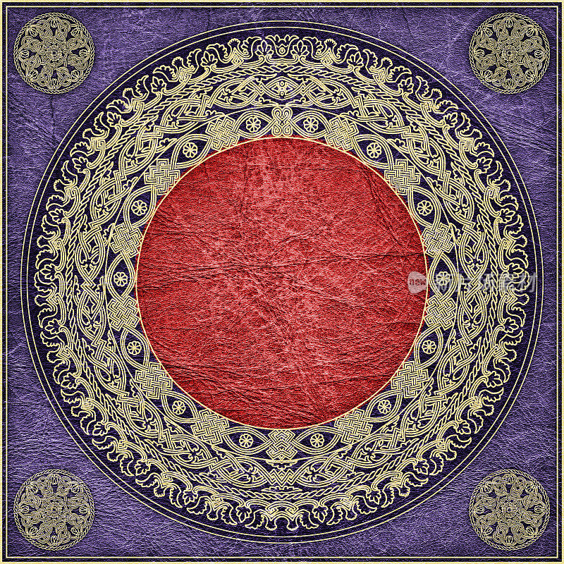 高分辨率动物皮肤紫色羊皮纸与玫瑰形阿拉伯esque镀金图案
