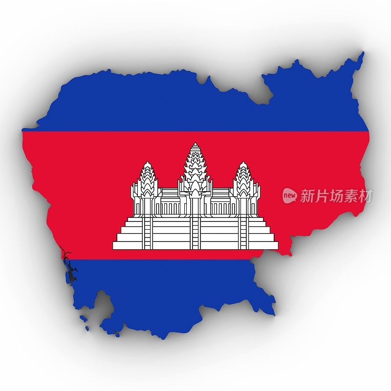 柬埔寨地图轮廓与柬埔寨国旗在白色与阴影3D插图