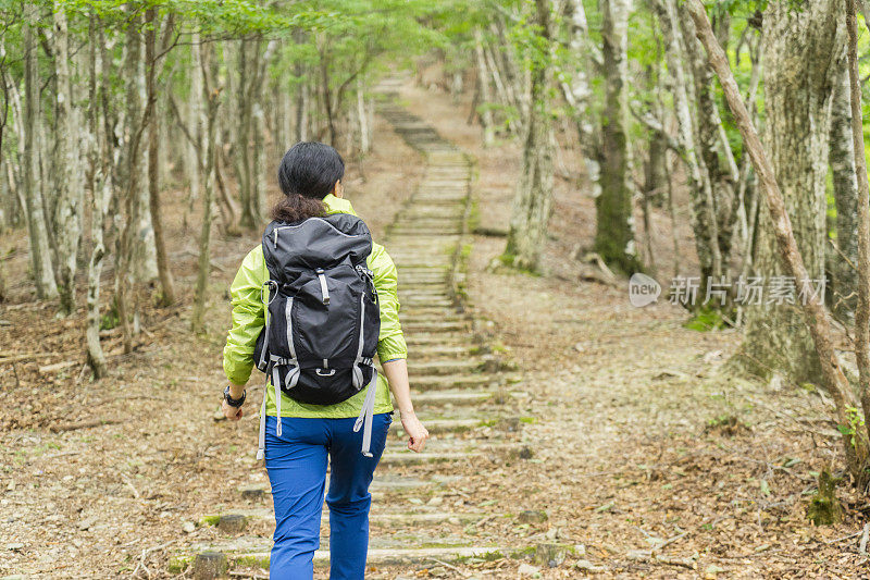 亚洲女性徒步旅行者在自然小径上行走。