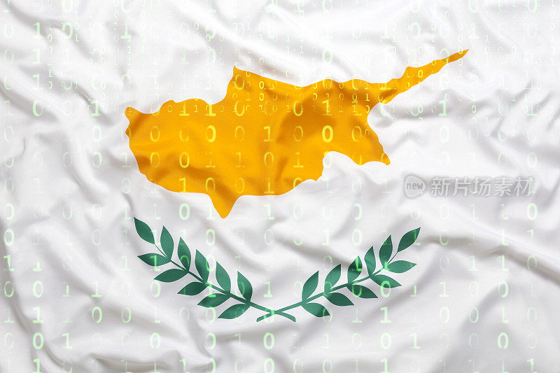 带有塞浦路斯标志的二进制代码，数据保护概念