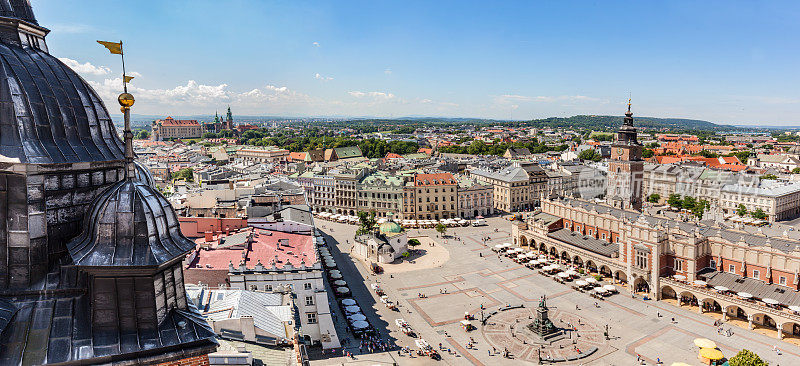 克拉科夫,波兰全景。旧城市场广场和布艺厅
