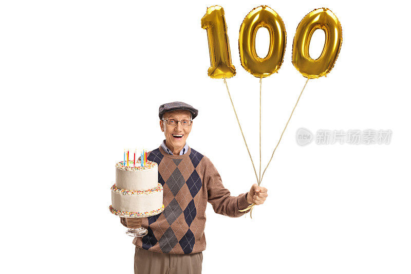 快乐的老人，一个生日蛋糕和一个数字百的气球