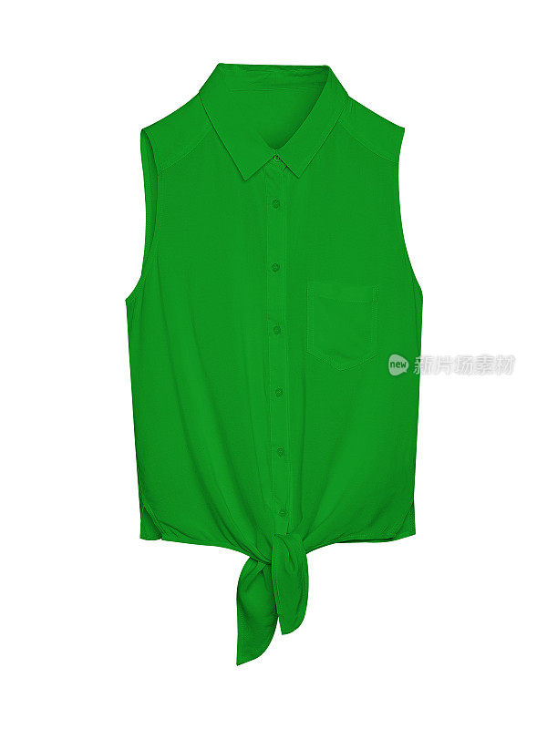 绿色夏季无袖女衬衫衬衫，领口，纽扣和领带孤立白色