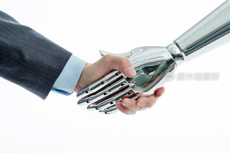 商人和机器人在白色背景下握手