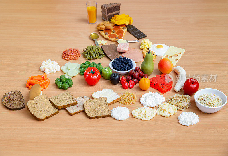 食物金字塔展示在桌子上与假的食物库存照片