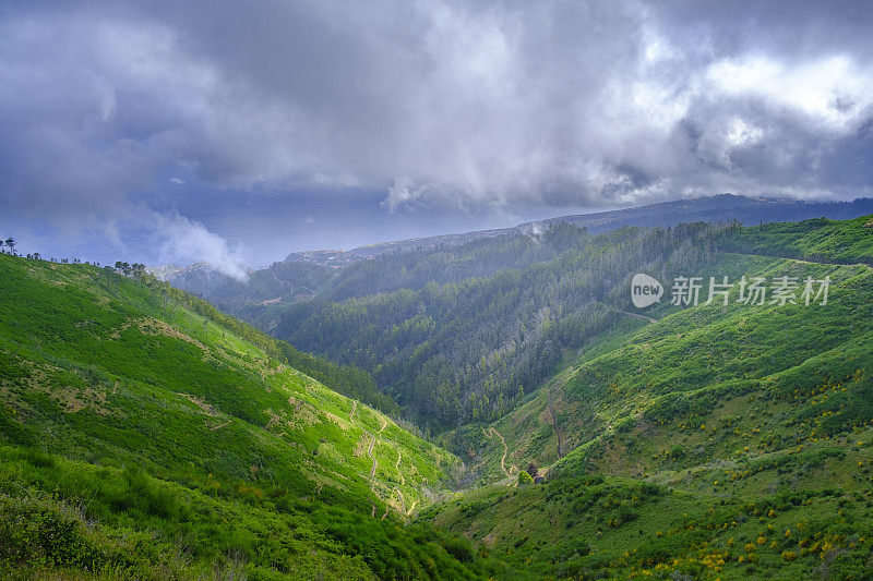 在美丽的夏日，在Rabaçal附近的山和马德拉岛的勒瓦达步道。