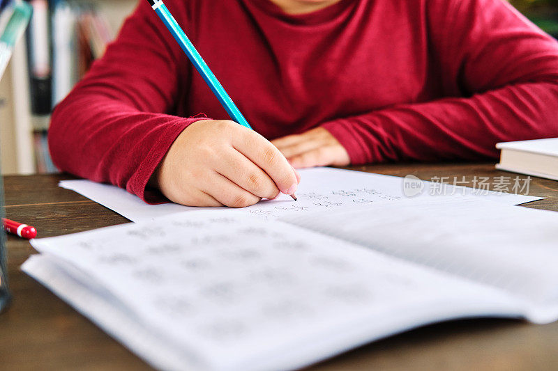 在家教育。可爱的孩子在家里学习数学。在家教育