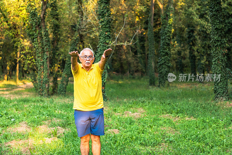 戴着臂章做伸展运动的资深跑步者。秋天的本性。