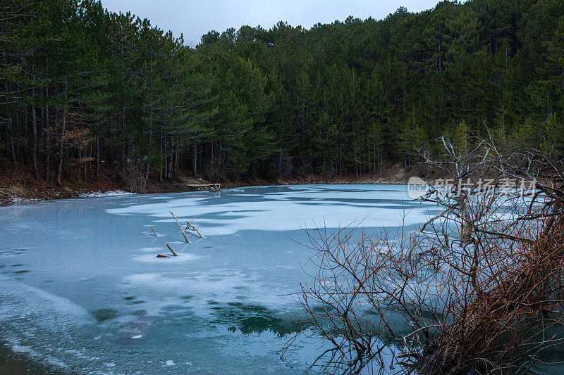 森林湖在冬季森林。多云悲伤的冬季景观