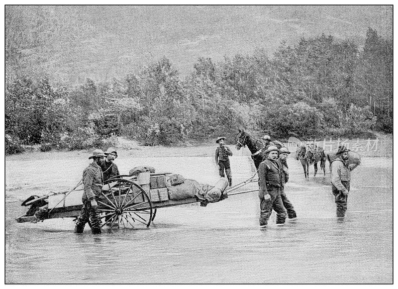 古董黑白照片:克朗代克淘金热染河