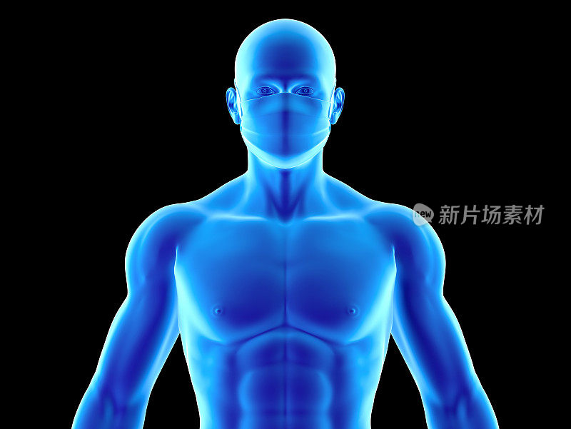 一个男人戴着医用口罩的3D插图，孤立在黑色背景上