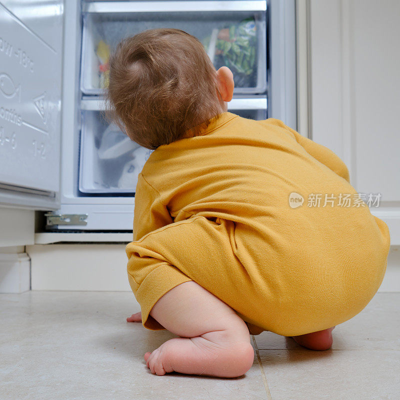 蹒跚学步的小男孩往打开的冰箱里看。孩子的安全问题，孩子的安全问题，孩子的安全问题