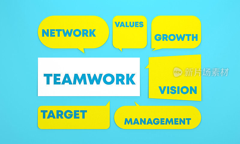 “团队合作”和相关词汇在蓝色背景的语音气泡中。