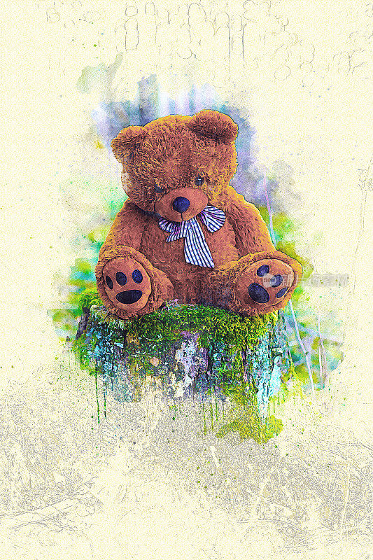 水彩画风格的棕色泰迪熊坐在树桩上