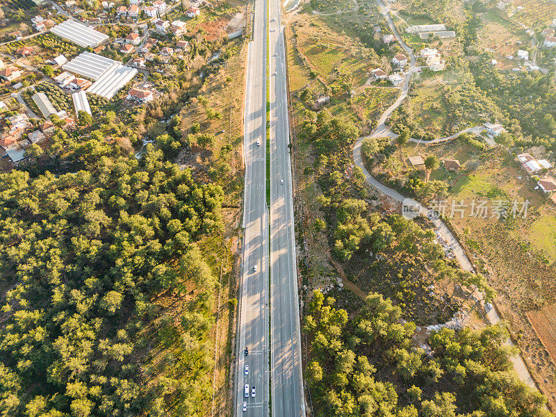 鸟瞰林地和公路。