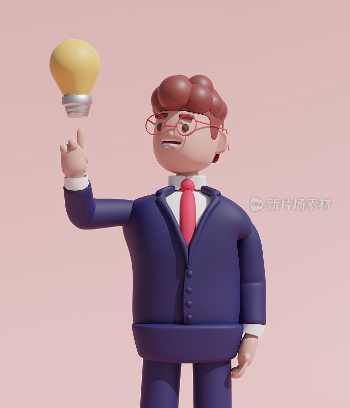 粉色背景上的3d插图。黄灯泡商人。创新和灵感理念。