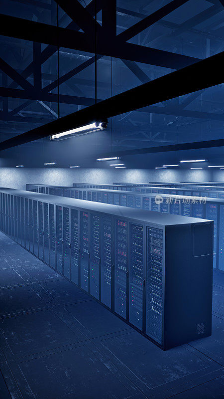 6G技术概念-数据中心和在服务器机房拍摄多排完全运行的服务器机架-计算机网络安全概念