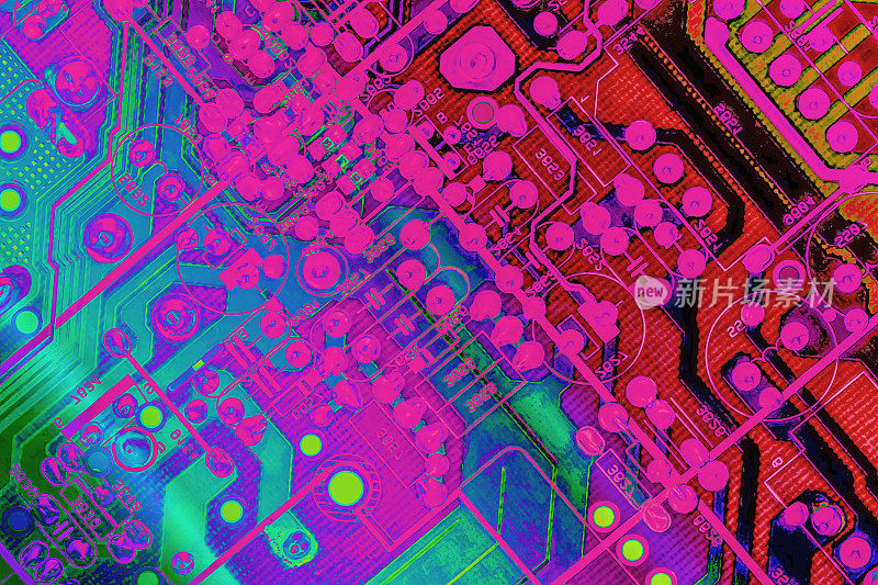 彩色程式化超现实电子电路板细节艺术表现