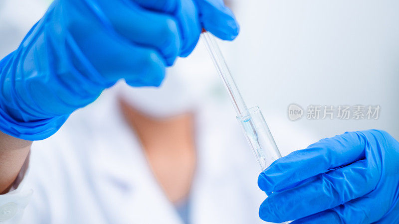 女科学家或研究人员的特写正在将蓝色物质或液体滴入样品试管中。科学概念，生物化学，化学实验室。物质研究分析实验