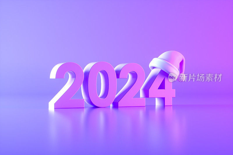 2024年新年，圣诞帽，霓虹灯