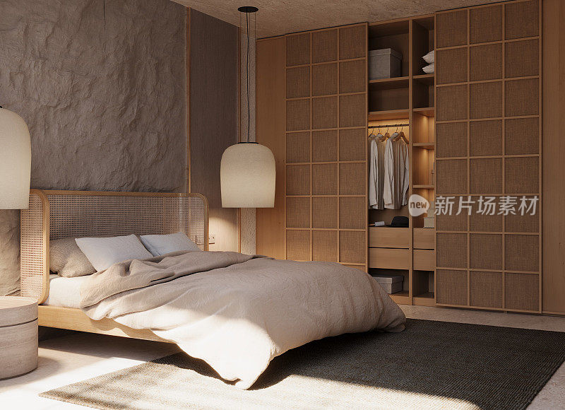 现代舒适的卧室室内设计。3D渲染。
