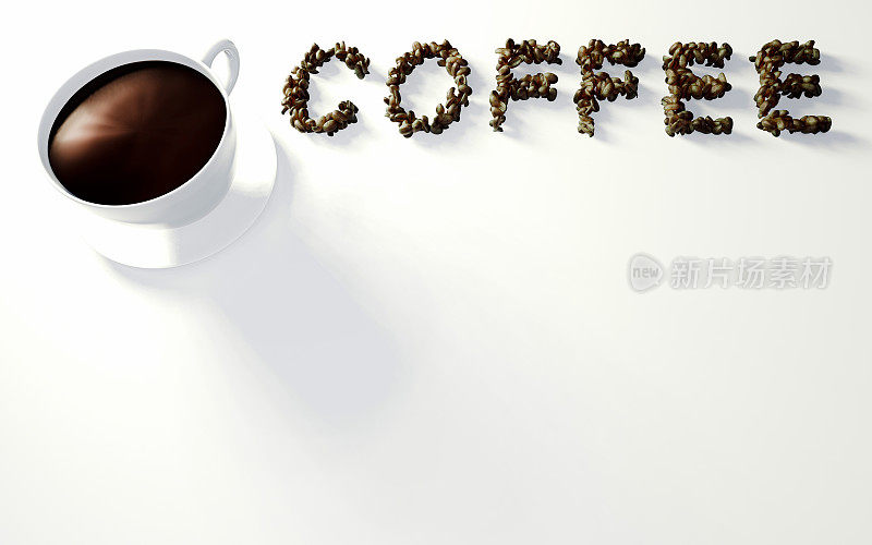 用字母排列的咖啡豆和用白色杯子装的新鲜咖啡。受欢迎的咖啡因饮料。三维渲染
