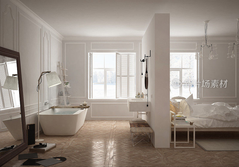 斯堪的纳维亚风格的卧室和浴室