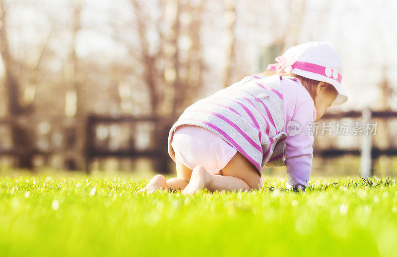 婴儿在草地上爬
